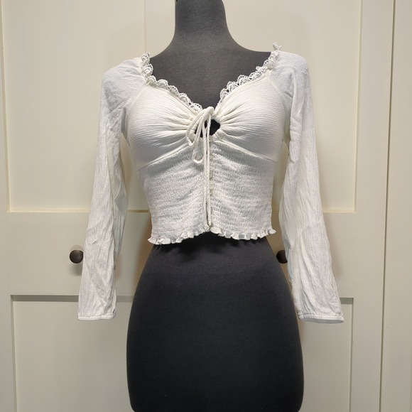 Quiet Storm Tops - White Milkmaid Coquette Crop Top Tie Front Smocked Long Sleeve Lace Trim Medium